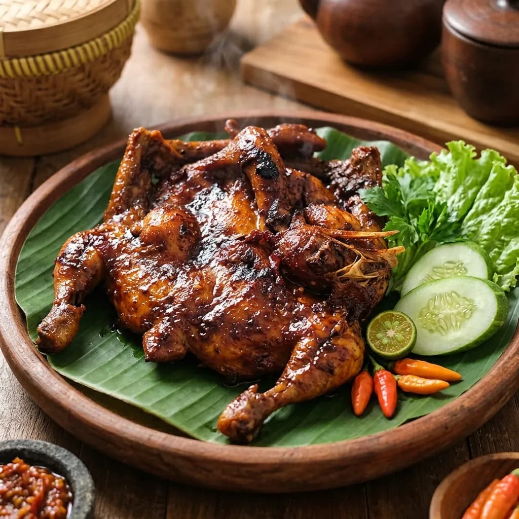 Ayam bakar madu utuh mengilap di atas daun pisang dengan timun, selada, cabai rawit, jeruk limau, dan sambal terasi
