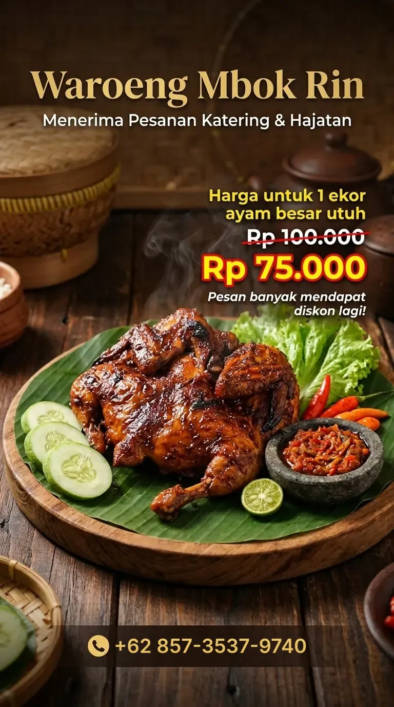 Poster harga ayam bakar Waroeng Mbok Rin Rp75.000 per ekor, pesan banyak mendapat diskon