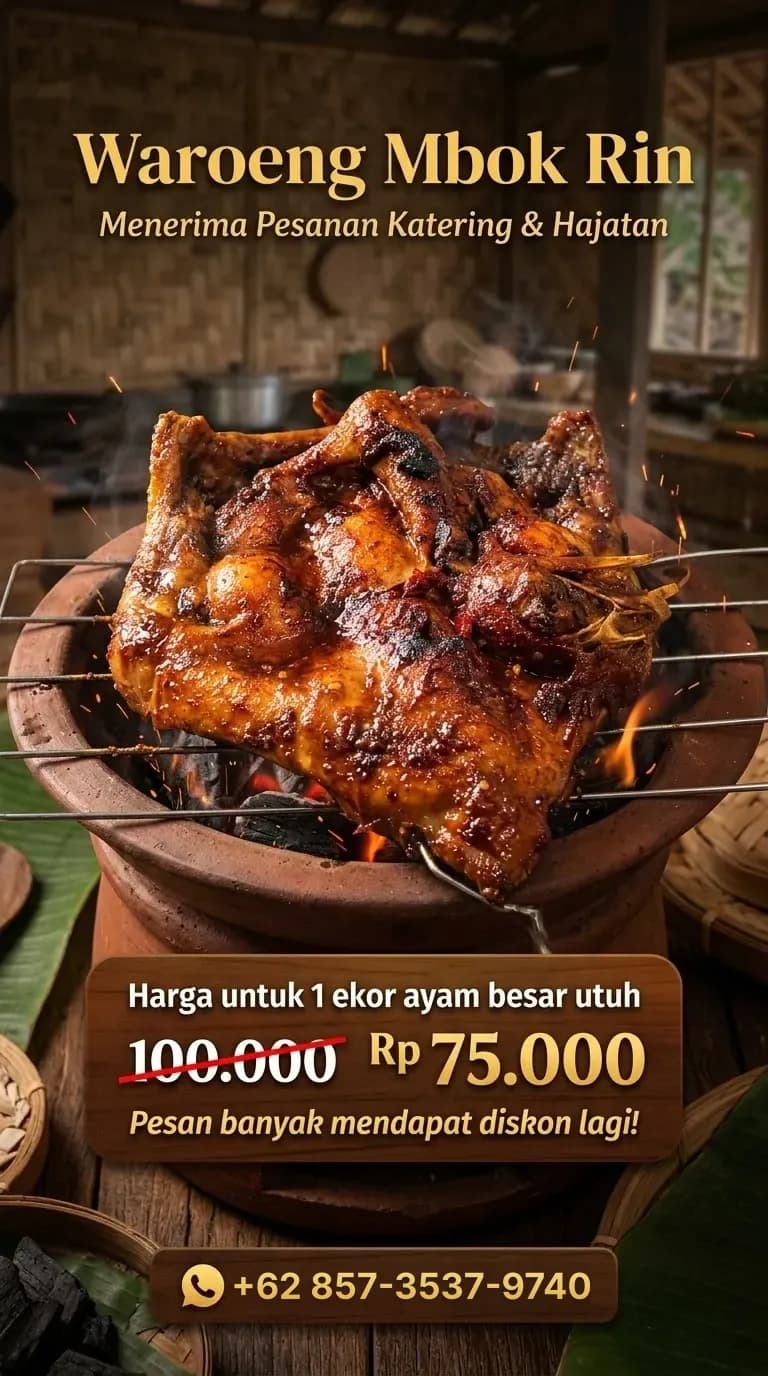 Poster promo Waroeng Mbok Rin: ayam bakar 1 ekor besar utuh Rp75.000 untuk katering dan hajatan