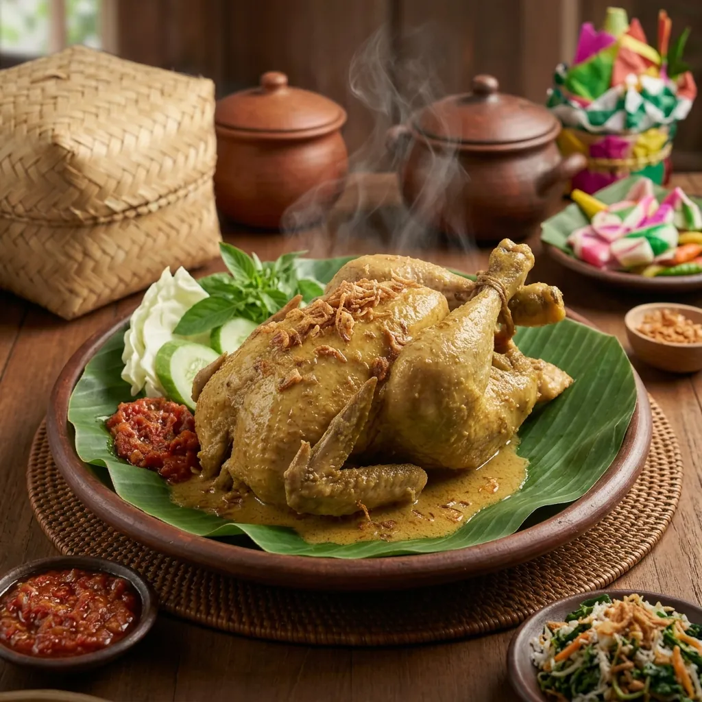 Ayam ingkung utuh berkuah santan di atas daun pisang dengan sambal, lalapan, urap, dan besek bambu