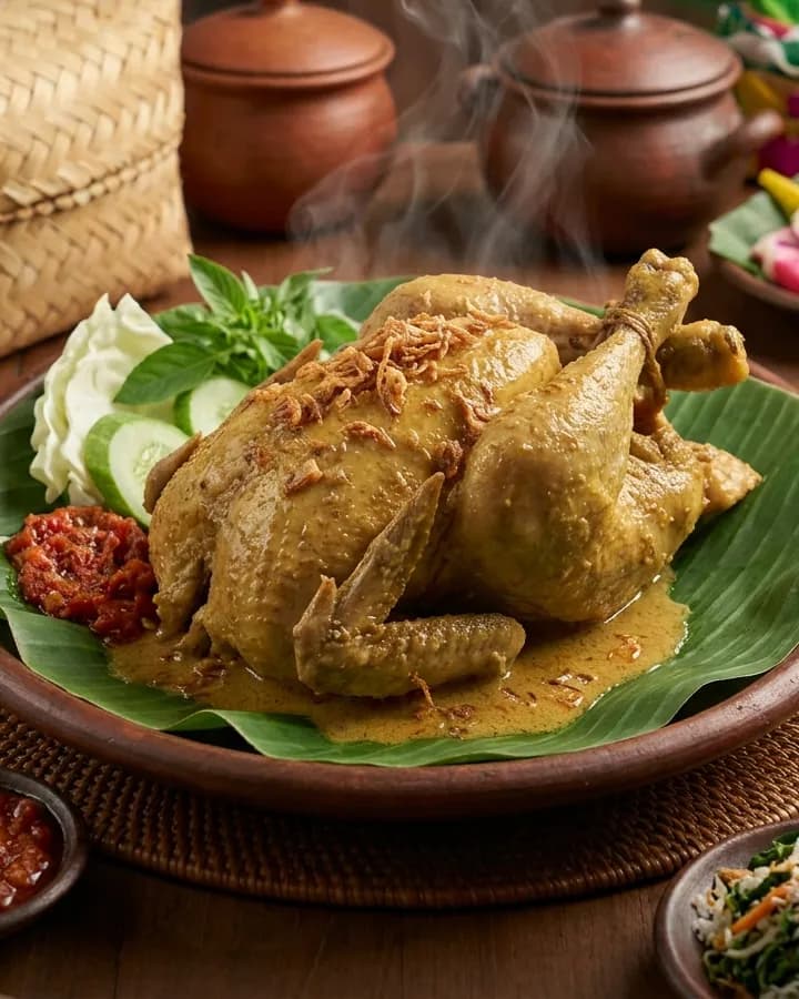 Ayam ingkung utuh berkuah santan dengan bawang goreng di atas daun pisang, disajikan dengan sambal dan lalapan