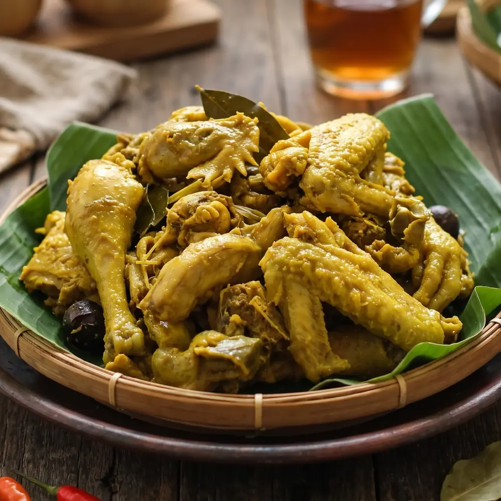 Ayam ungkep bumbu kuning di atas daun pisang dan anyaman bambu, dengan sambal, jeruk limau, kunyit, dan serai