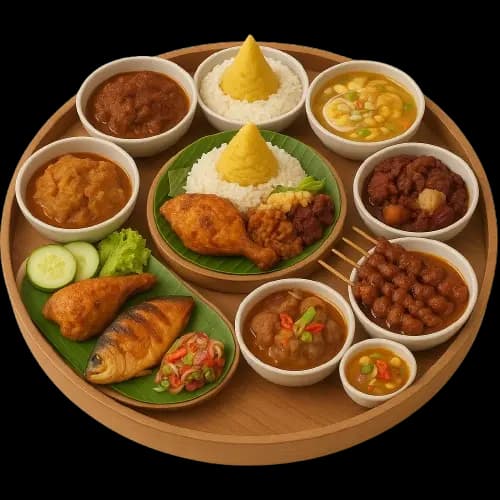 Nampan tumpeng dengan aneka lauk khas Jawa untuk hajatan
