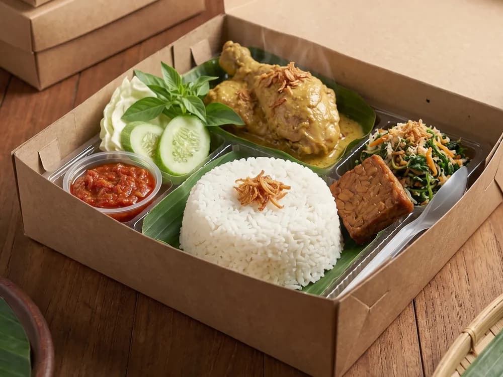Nasi box ayam ingkung bumbu santan dengan urap, tempe, sambal, dan lalapan
