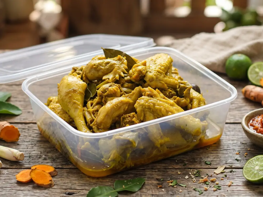 Paket ayam ungkep bumbu kuning dalam wadah plastik berpenutup, siap disimpan di kulkas dan digoreng
