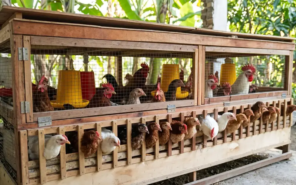 Kandang ayam budidaya Waroeng Mbok Rin: puluhan ayam di kandang kayu dengan tempat pakan kuning
