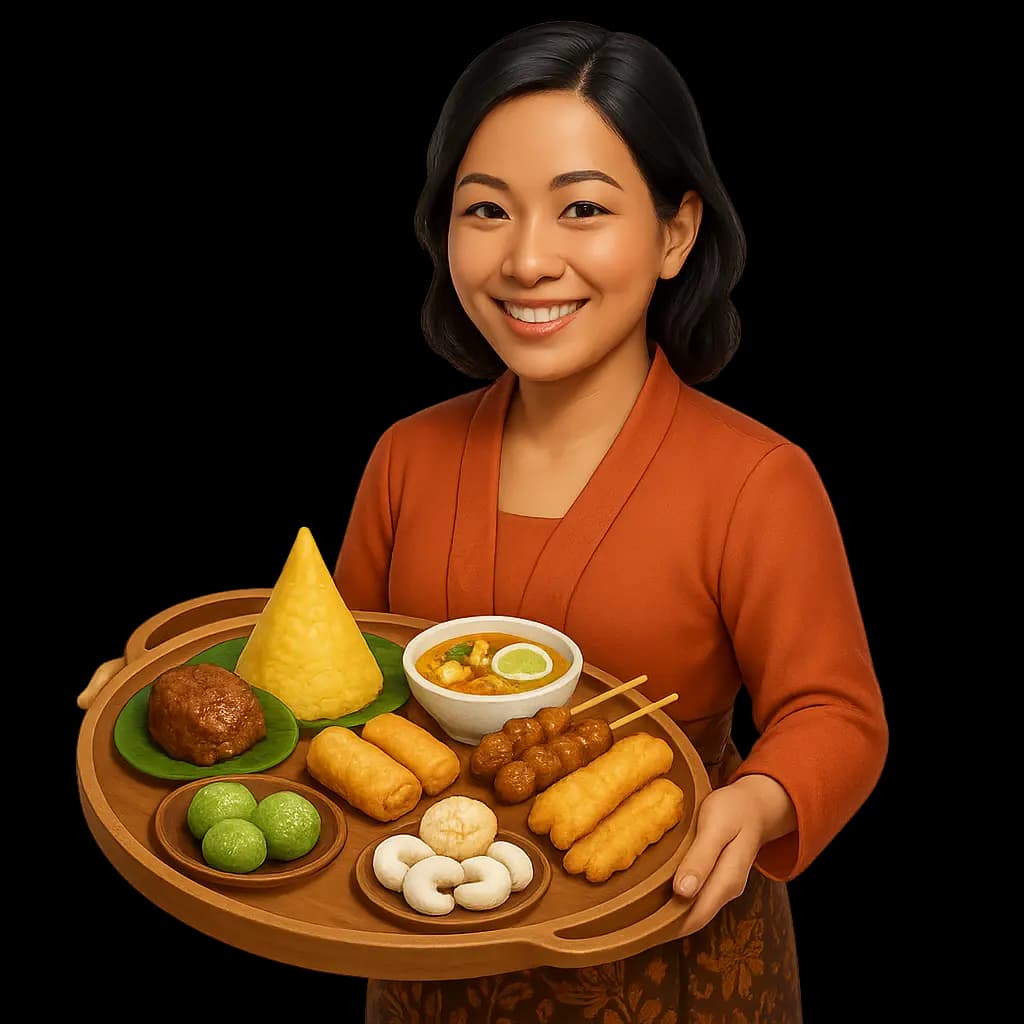 Mbok Rin membawa nampan berisi tumpeng, soto, sate, dan jajanan pasar